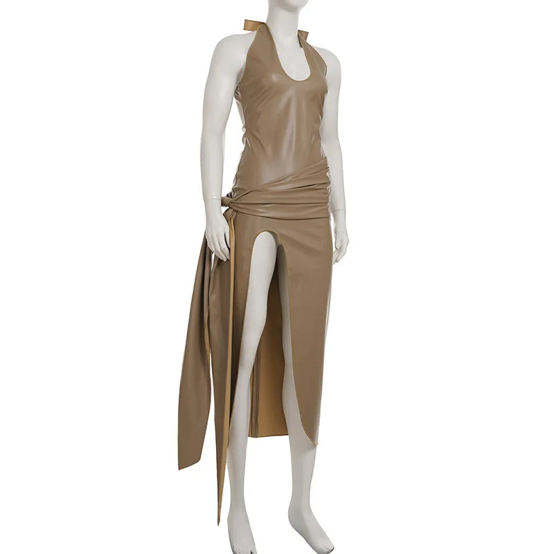 FAGADOER Sexy Ruched Patchwork Bodycon Long Dress Women Halter Deep V-neck Backless Dresses Female Streetwear Vestidos 2025 New