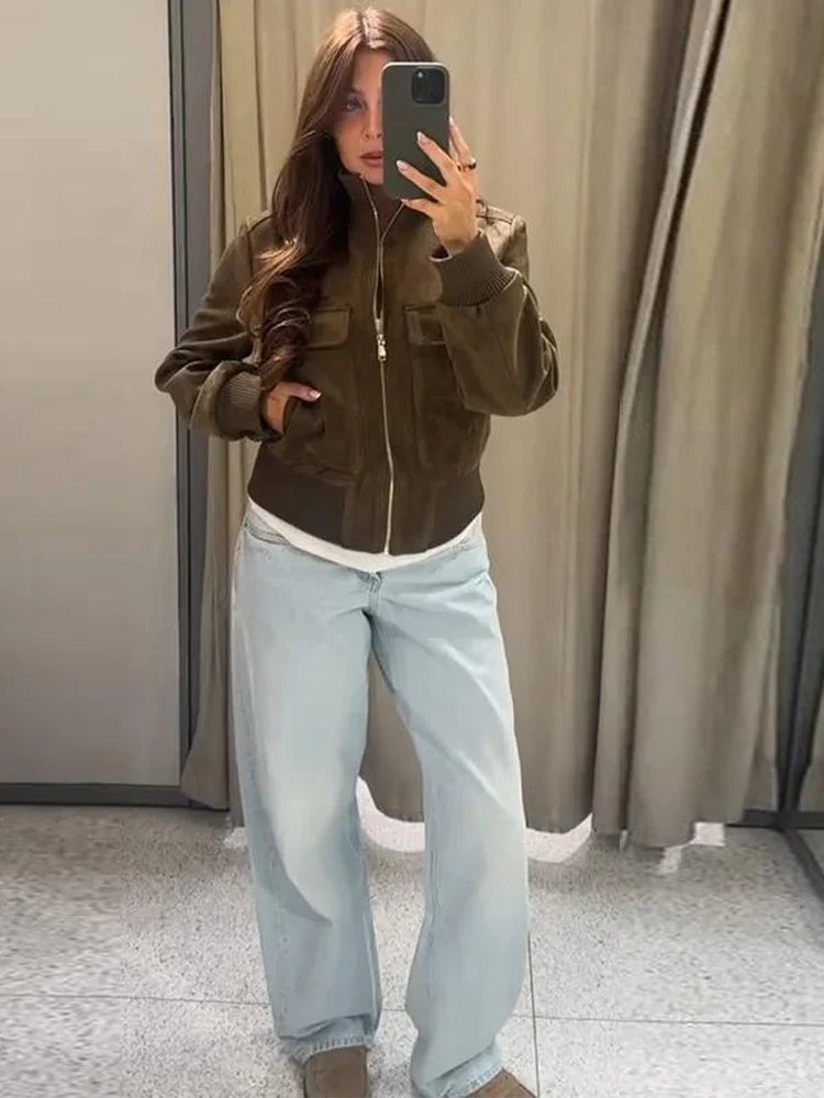 Vintage Suede Long Sleeve Jacket with Pockets for Women