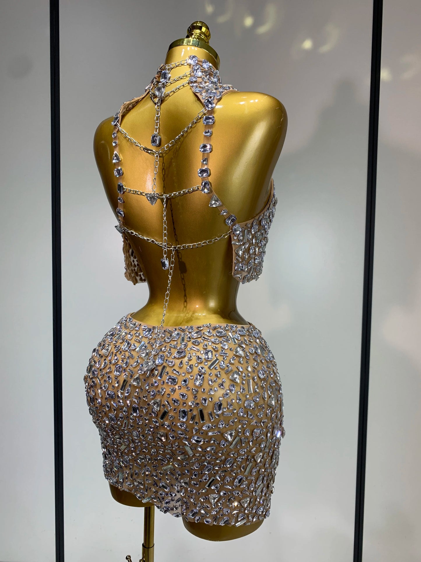 High Quality Sparkling Rhinestone Sexy See Through Blackless Top Skirt Two Pieces Set Woman Luxury Birthday Evening Party Gowns