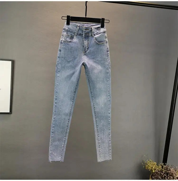 Elastic Slim Cotton Denim Jeans With Five Pockets for Women