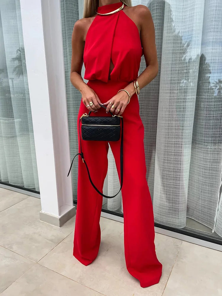 New Sleeveless Wide Leg Pants Playsuits, Women Summer Half High Collar Elegant Jumpsuits, Solid Patchwork Simple Ladies Bodysuit
