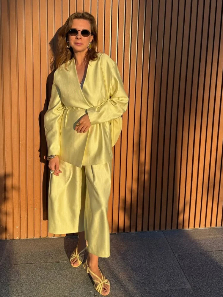 Lace Up Jacket and Wide Leg Pants Suit Set for Women