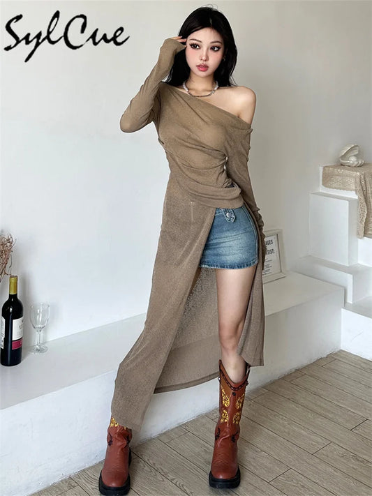 Sylcue Solid Color Simple Casual Fashionable Personality Sexy Mature Beautiful Confident Summer Party Women's Long Sleeve Dress