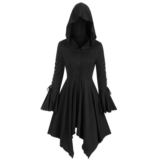 Halloween Women's Gothic Hooded Ruffle Flared Sleeve Lace Up Cloak Cape Tunic Tops Ladies Party Witch Costume Size S-2XL