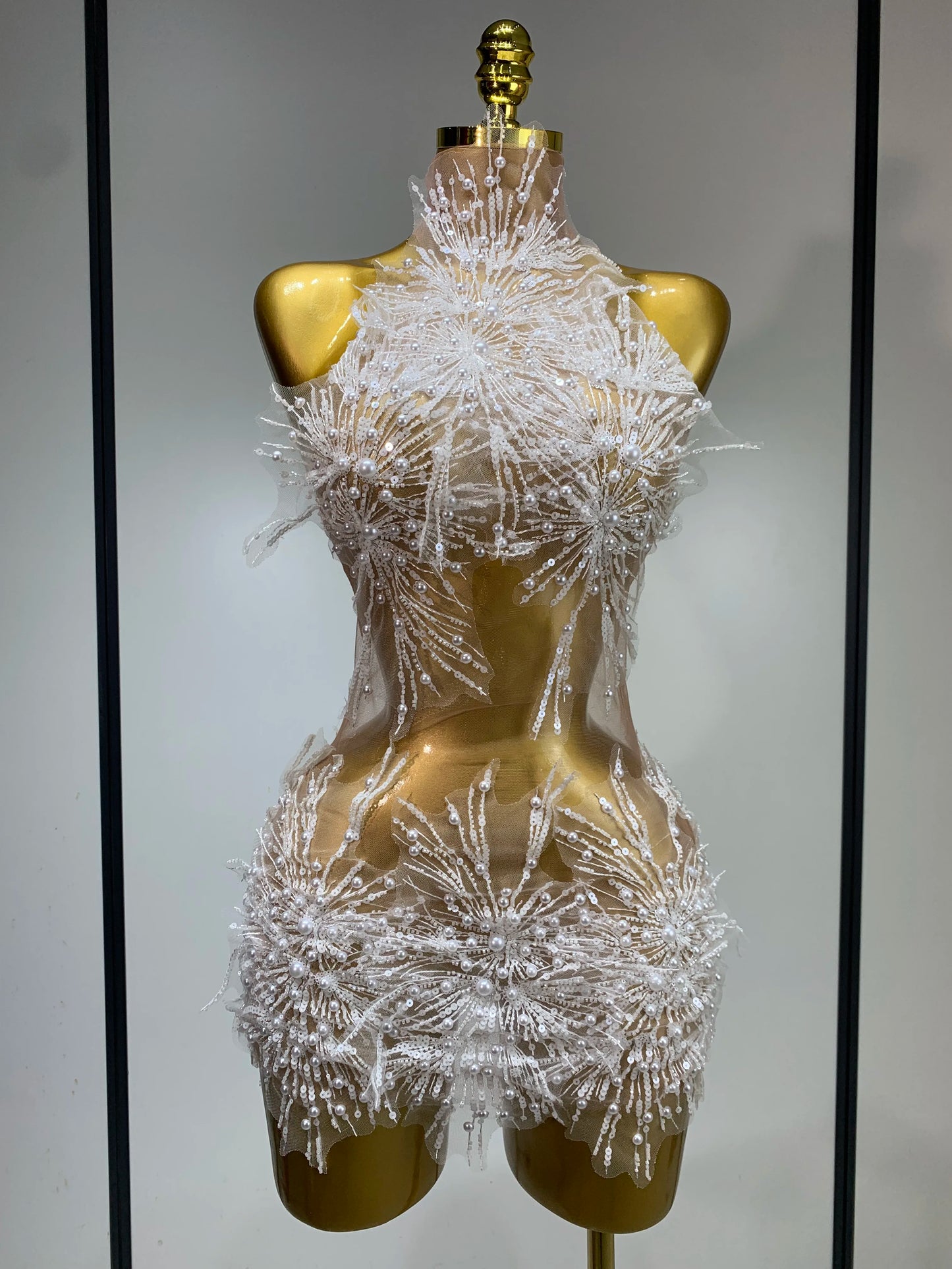 Women Sexy Mesh See Through Pearl Lace Party Mini Dress Celebrate Birthday Photo Shoot Wear Performance Stage Costume