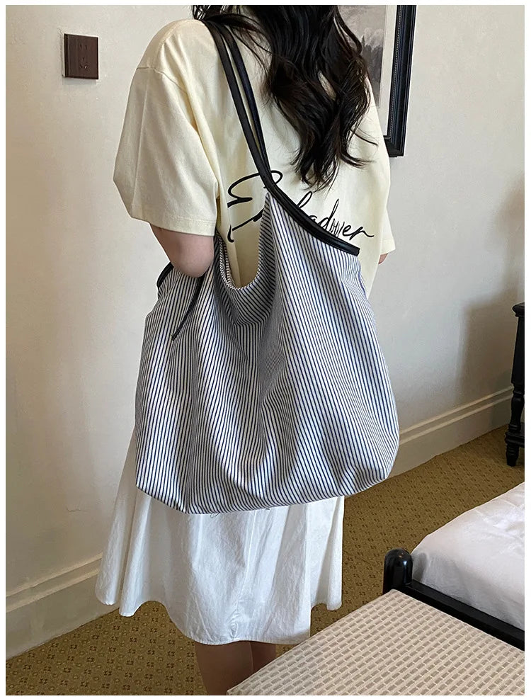 Casual Stripe Canvas Lightweight Shoulder Tote Bag for Women