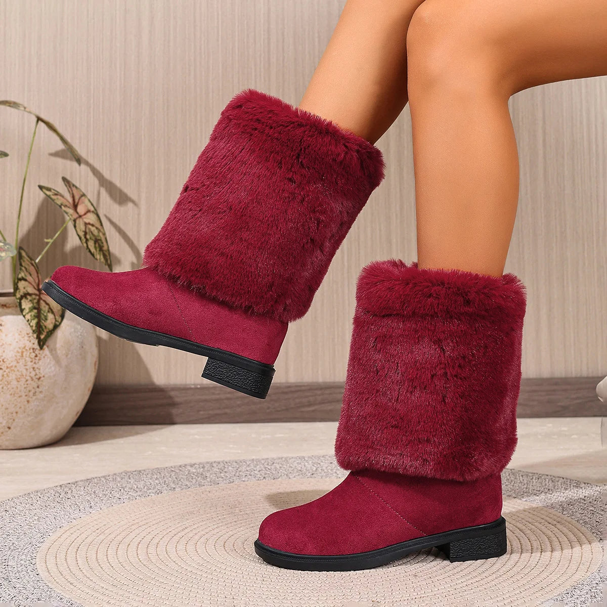 Plush Faux Fur Slip On Mid Calf Winter Snow Boots For Women