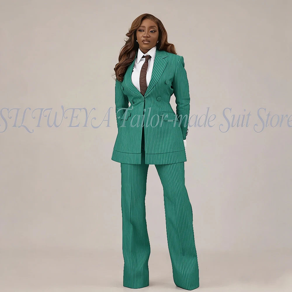 Slim Fit Brown Striped Blazer Set With Pants For Women
