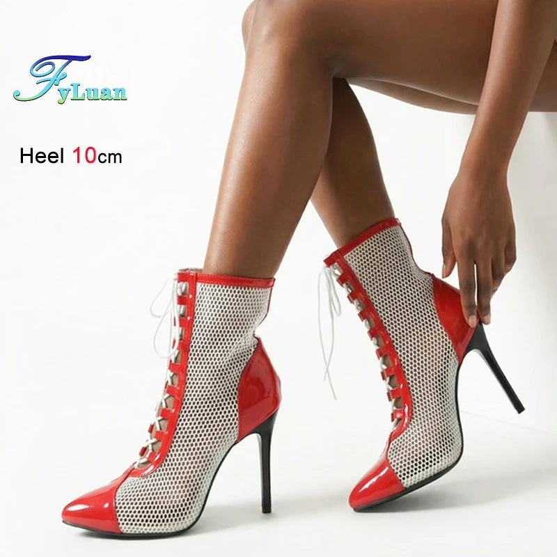 Breathable Mesh Pointy Toe Lace Up Thin Heel Ankle Boots for Women