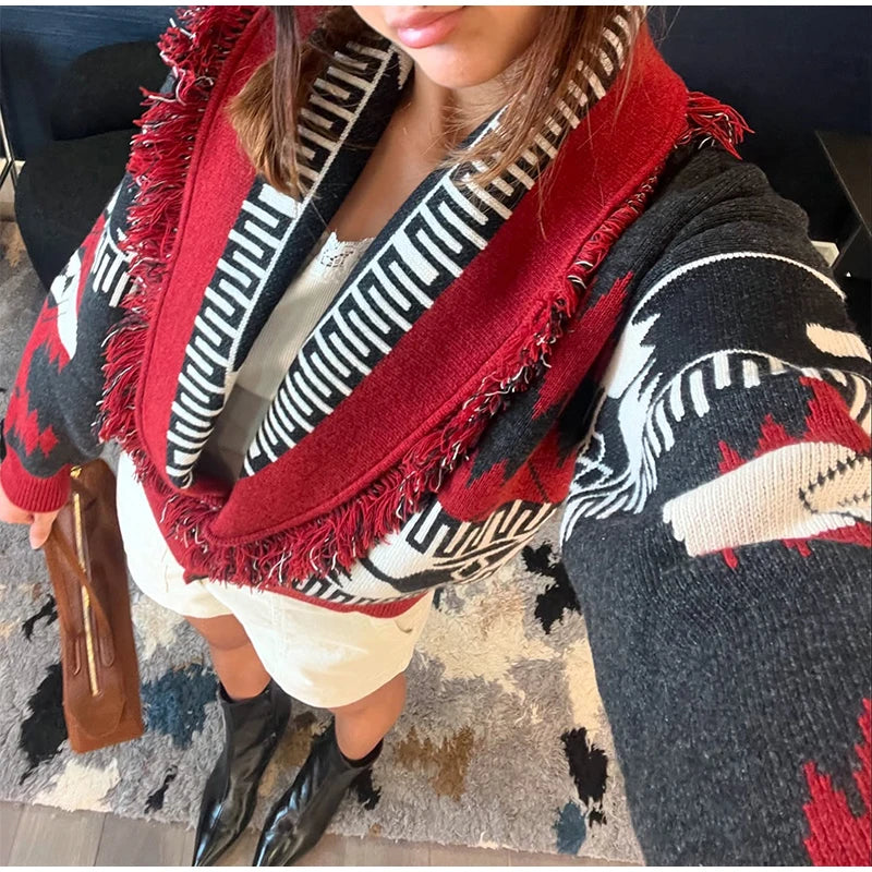 Casual Tassel Knit Open Front Long Cardigan for Women