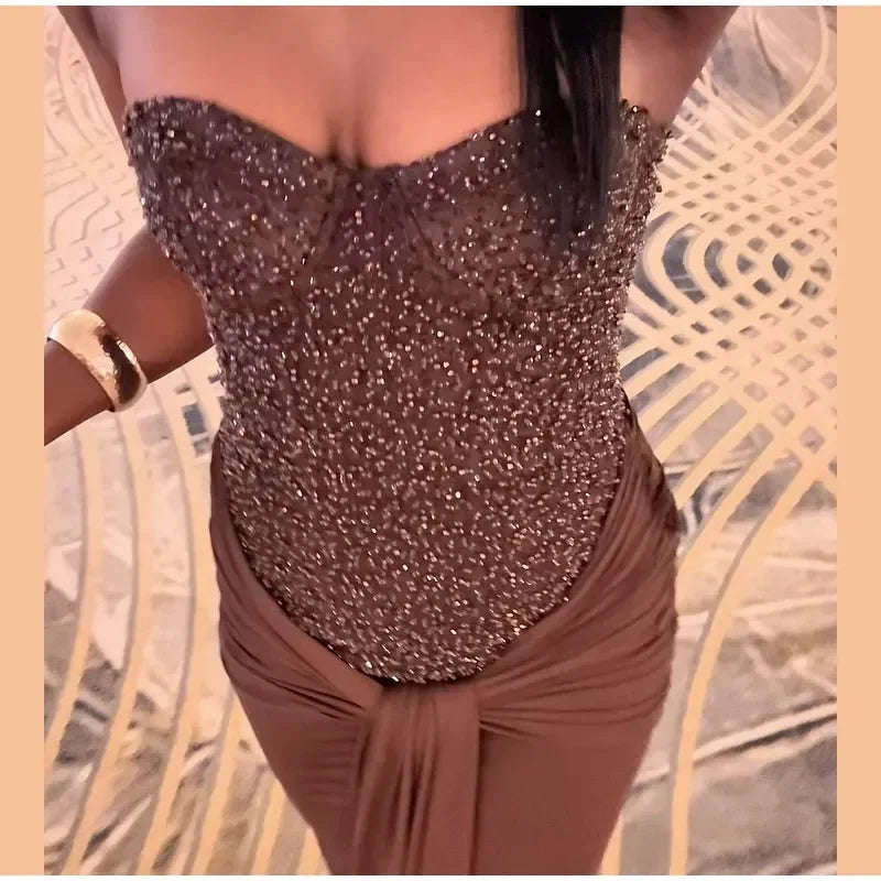 Solid Sexy Strapless Sequin Patchwork Dress Women Sleeveless Backless Cinched-waist Pleated Maxi Dresses Lady Party Evening Gown