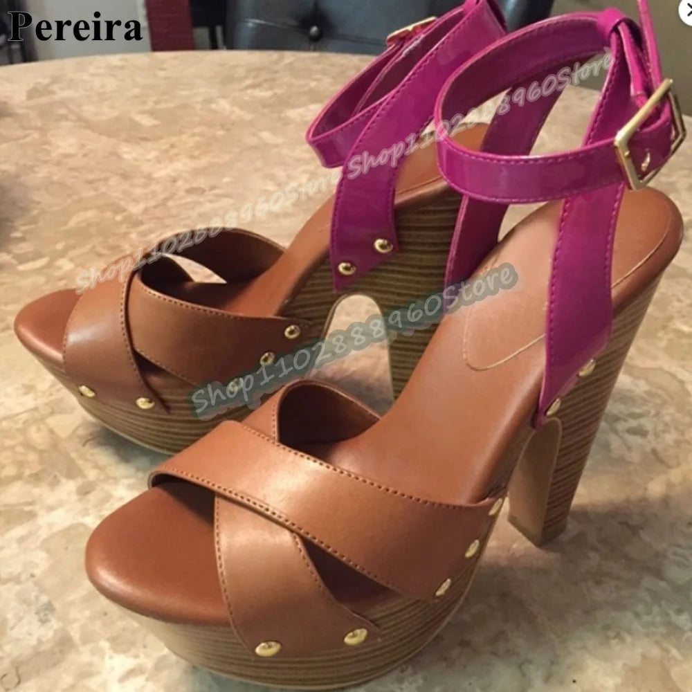 Occidental Brown Cross Strap Platform Sandals Thick Heel Women Shoes Ankle Buckle Strap Peep Toe 2026 Fashion Zapatos Para Mujer
