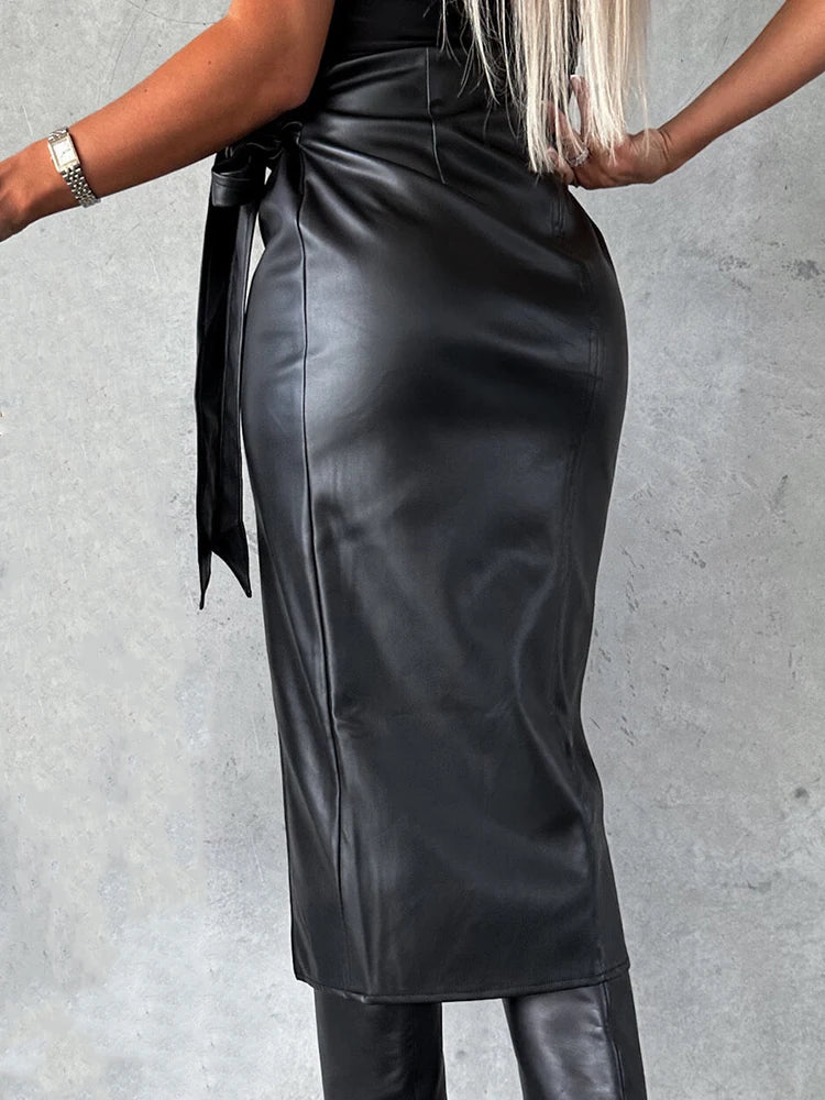 High Waist Lace-Up Faux Leather Midi Skirt for Women
