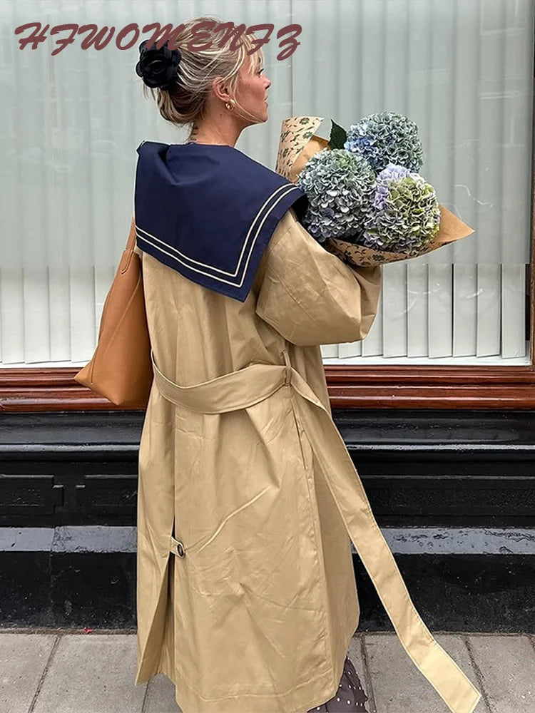 Autumn Patchwork Lace Up Windbreaker Coat for Women