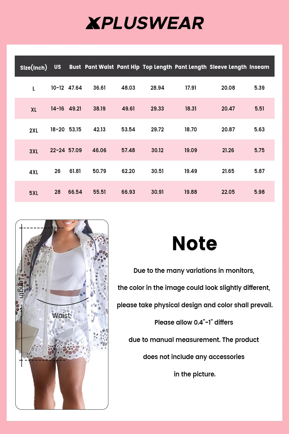 Plus Size Vacation White Shirt Collar 3/4 Sleeve Cut Out Pocket Guipure Lace Two Piece Short Sets