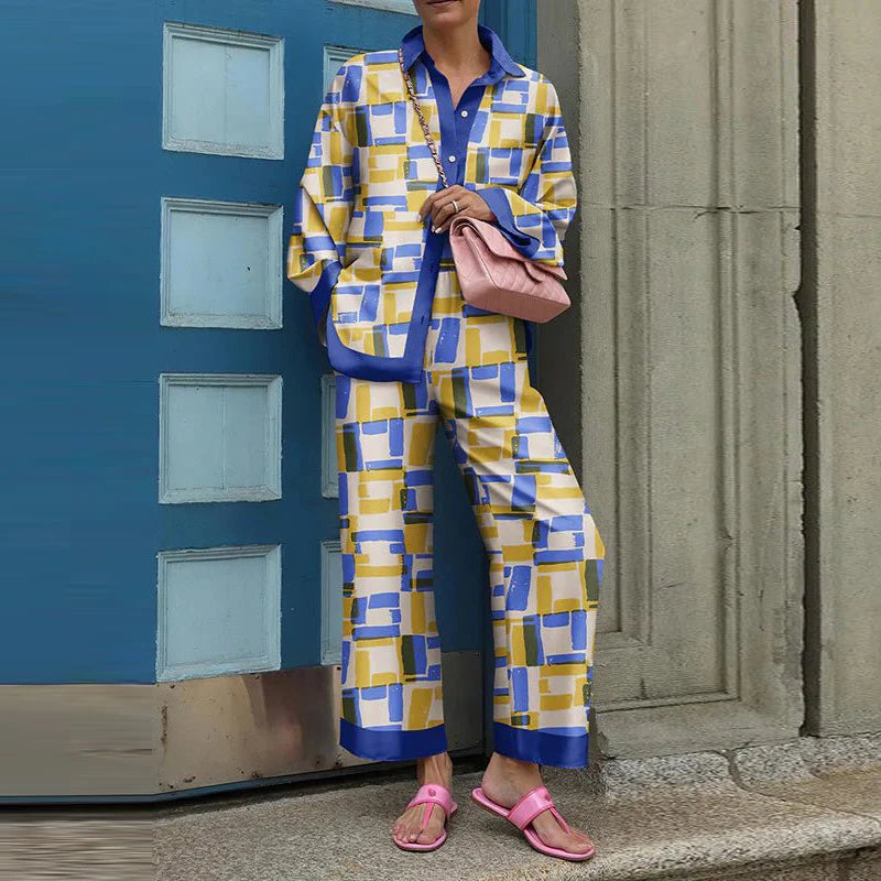 Vintage Printed Two Piece Trouser Suit Set for Women