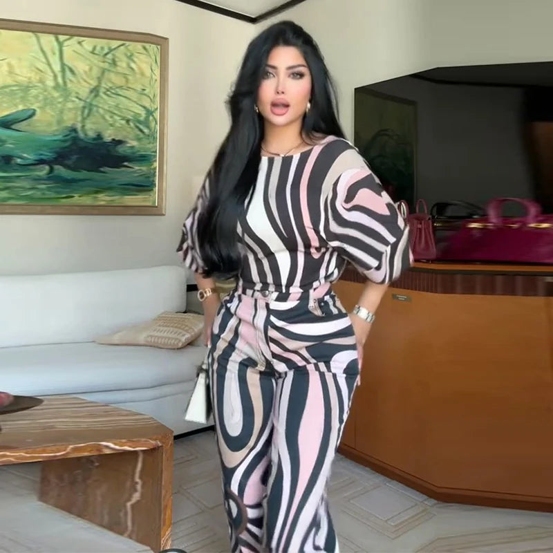 Geometric Print Top pant suits Women two pieces set round neck long sleeve Blouse loose pant Vacation Beach vacation pant outfit