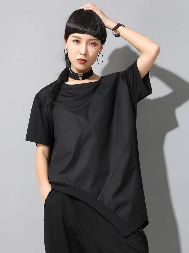 [EAM] Women Black Irregular Hem Spliced Big Size T-shirt New Round Neck Short Sleeve Fashion Tide Spring Summer 2025 1DJ1765
