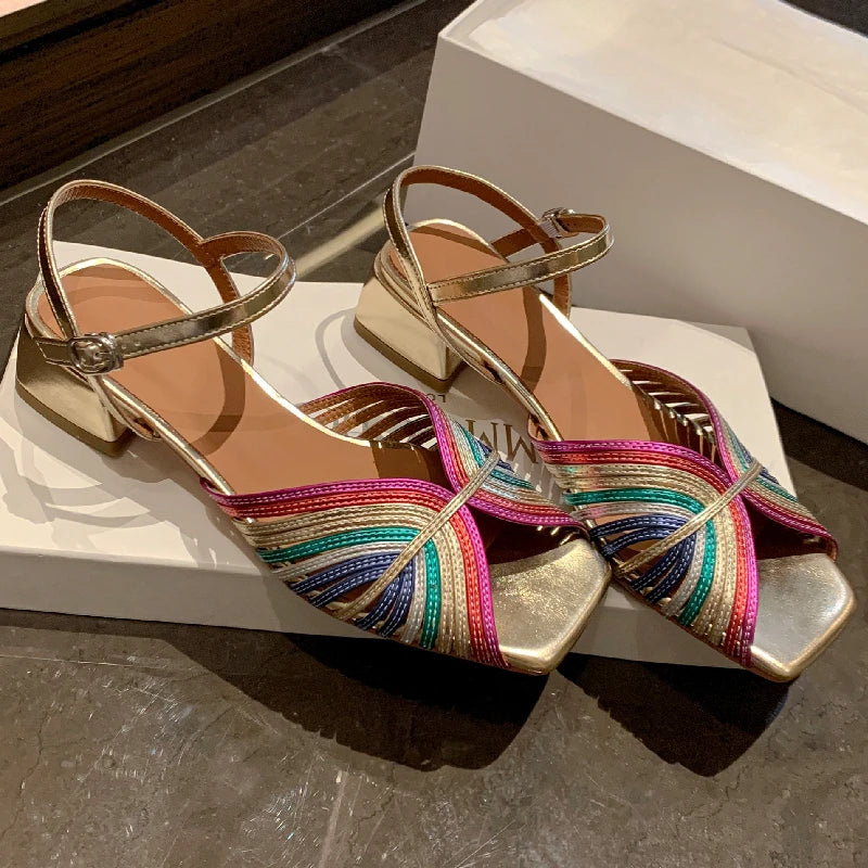 Leather Low Heel Peep Toe Sandals