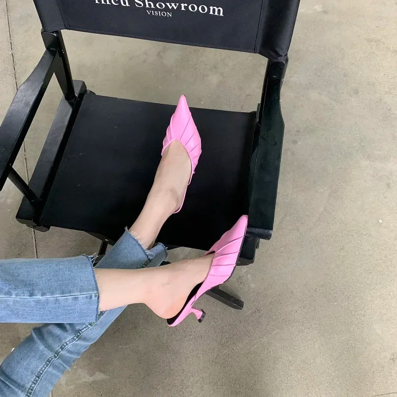 Casual Pleated Thin Heel Cushioned Slides for Women