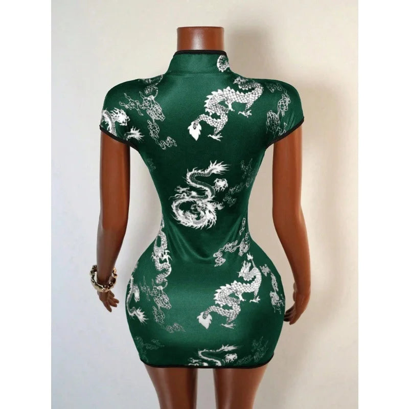Cheongsam Style Dragon Print Cutout Dress for Women