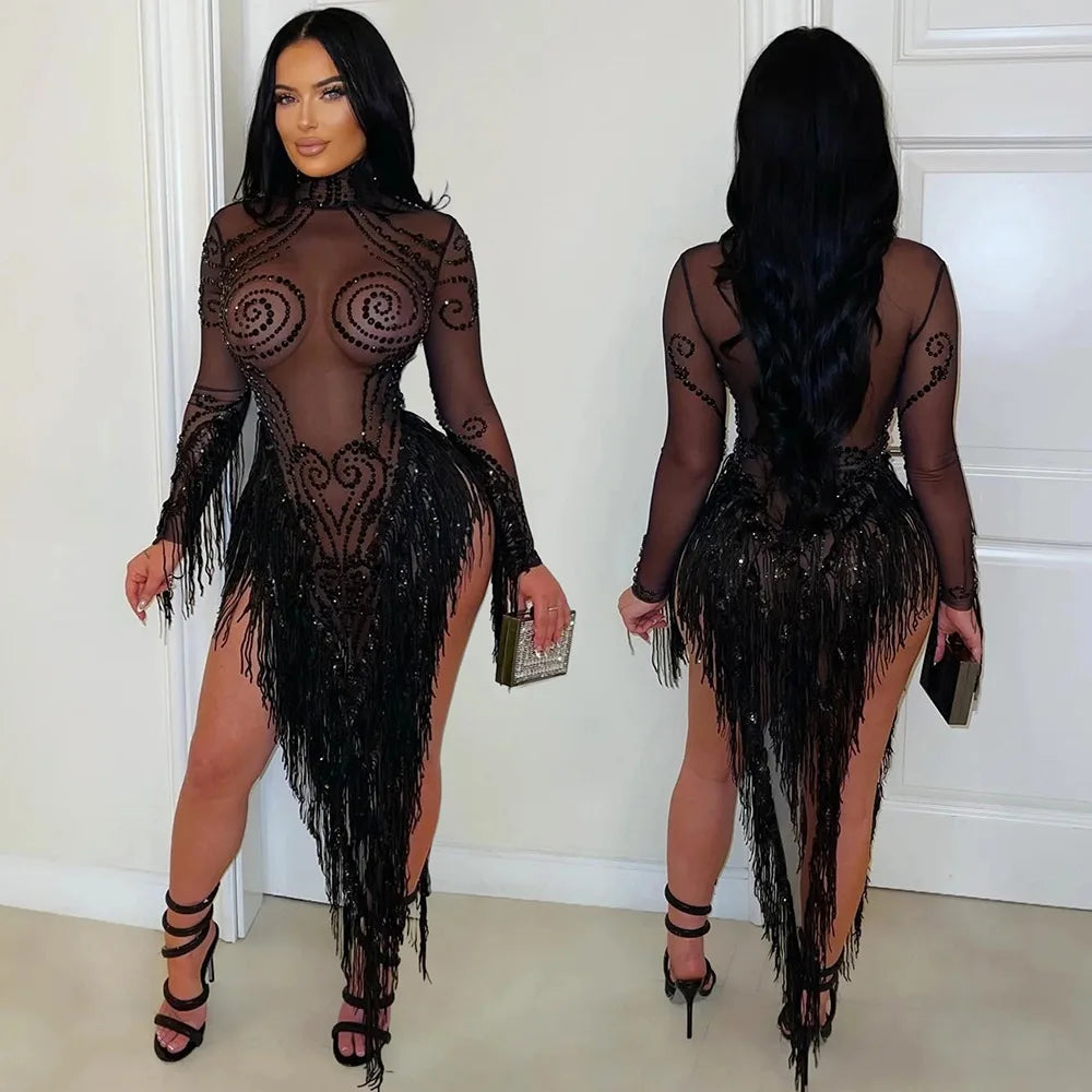 Rhinestone Mesh Tassel Bodycon Mini Dress for Women