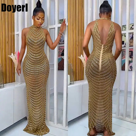 Halter Backless Crystal Maxi Dress