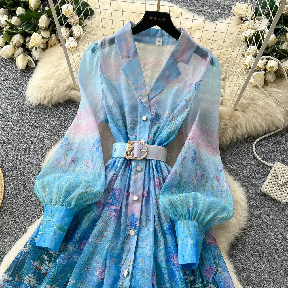 Elegant A Line Midi Dress With Lantern Sleeves for Women