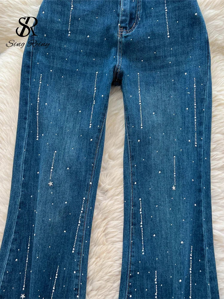 High-Waisted Rhinestone Embellished Flare Jeans for Women