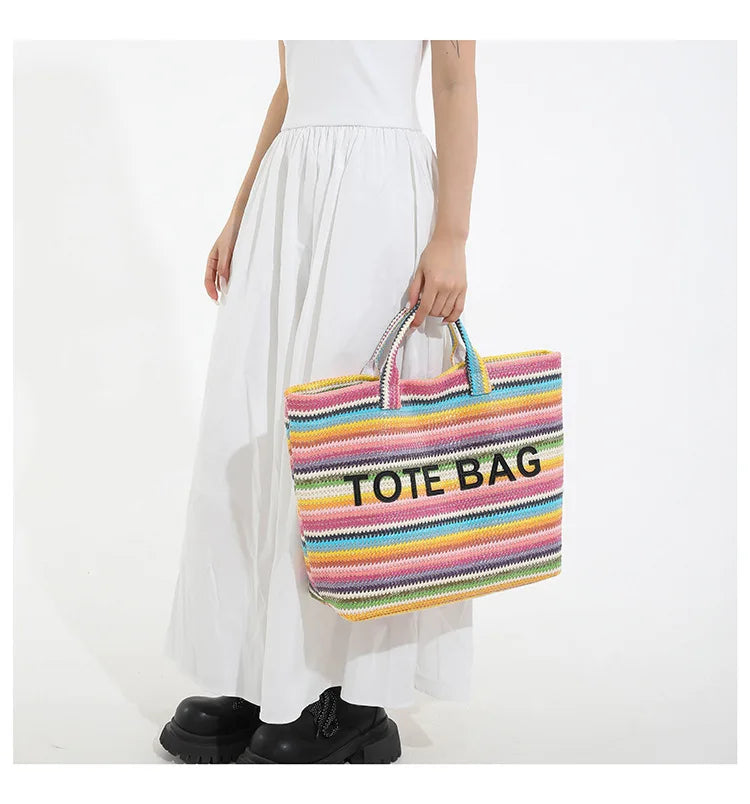 Large capacity beach woven bag, colorful striped tote bag, letter contrasting handbag for women