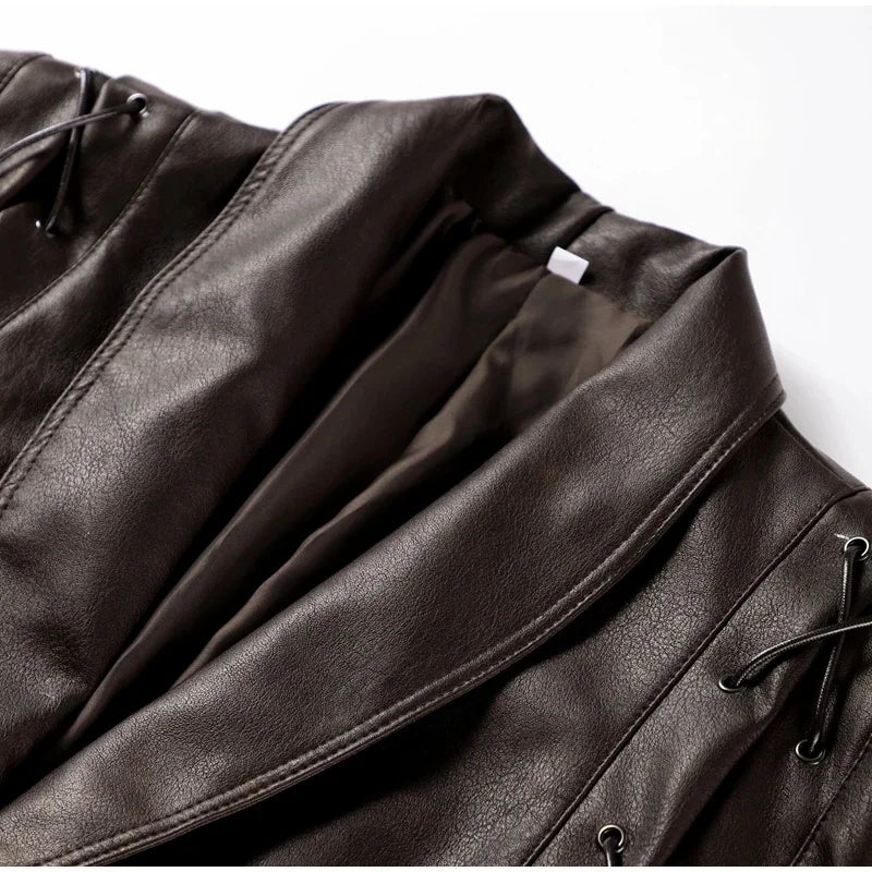 Women Leather Bomber Jackets Coats With Belt Notched Shoulder Pads Motorcycle Street Chic Short Outwear Fashion Solid Lace Up