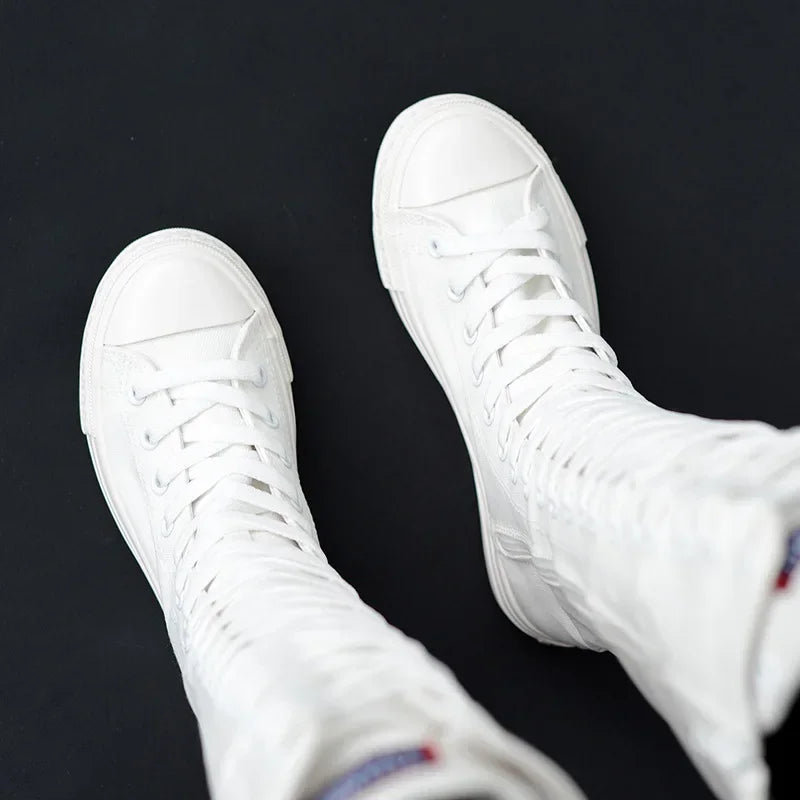 Casual Lace-Up Canvas Mid-Calf Flat Boots for Women