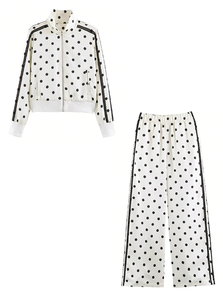 Elegant Polka Dot Pantsuit Stand Collar with Wide Leg for Women