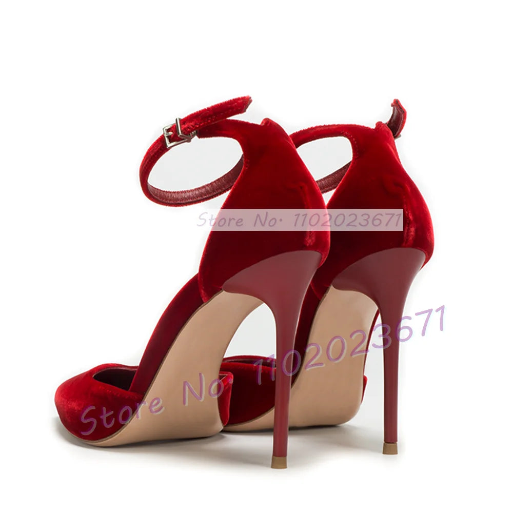 Blue Velvet Pointed Toe Stiletto Sandals with Buckle Ankle Strap for Women