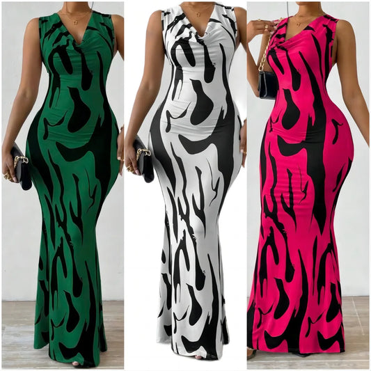 Dress Sleeveless Print Midi Wrap Waist Elegant Office Style Summer Travel Ready Now