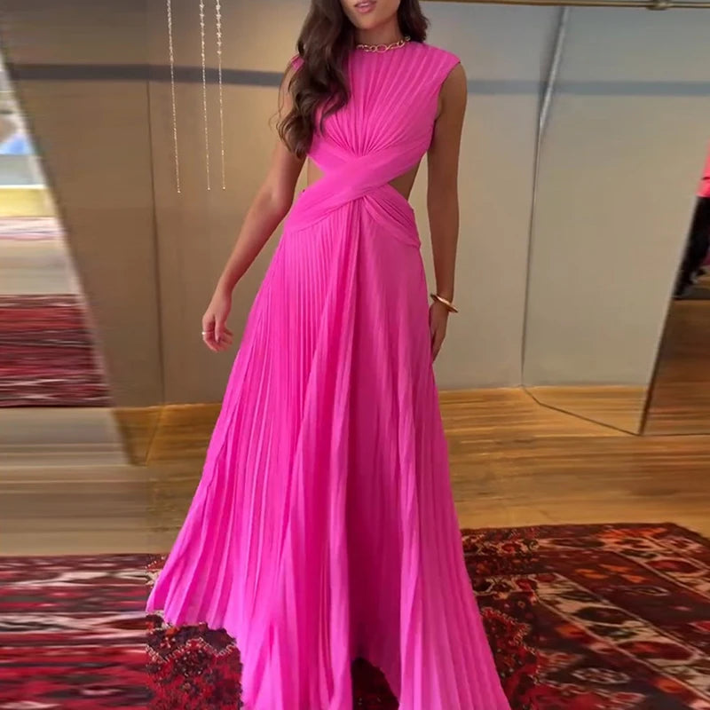 Elegant Backless Cross Pleated Maxi Dress for Women