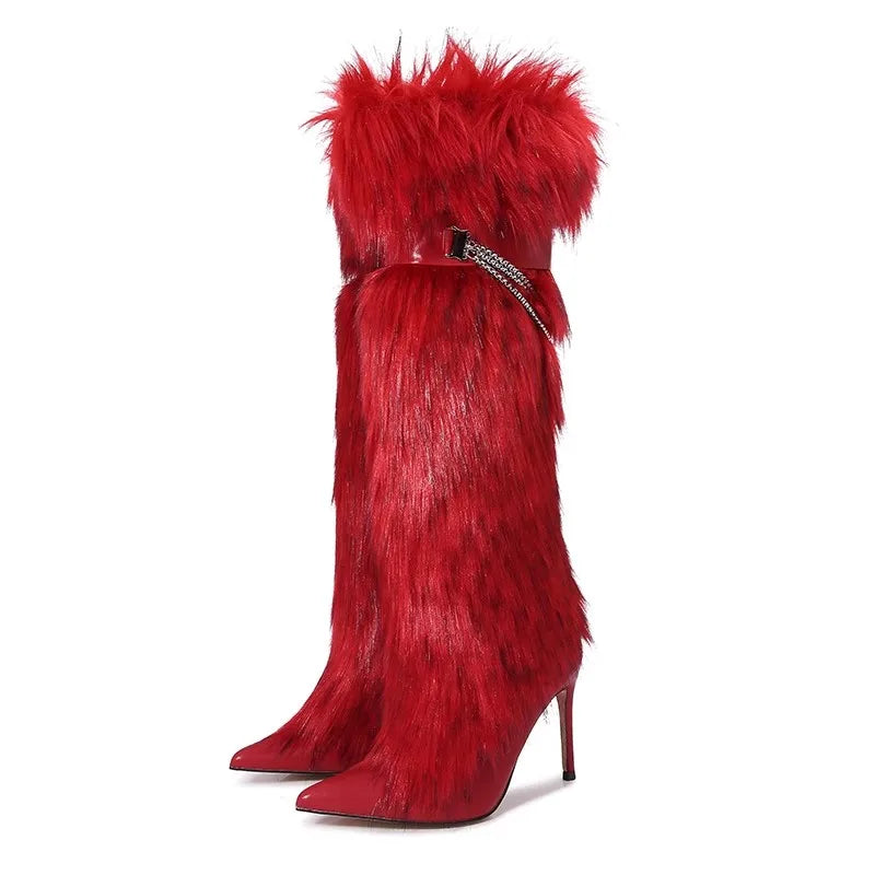 Elegant Faux Fur Knee High Stiletto Boots for Women
