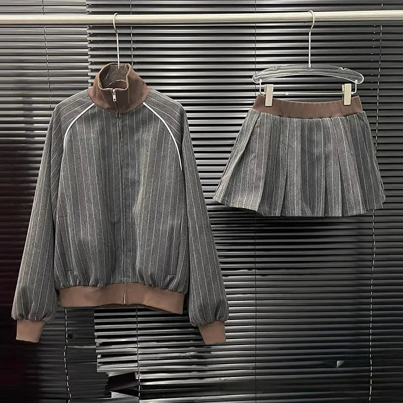 KUCLUT 2025 Autumn New Fashion Striped Contrast Color Zipper Jacket Elastic Waist Pleated Skirt Two-pieces Set For Women 1A1217