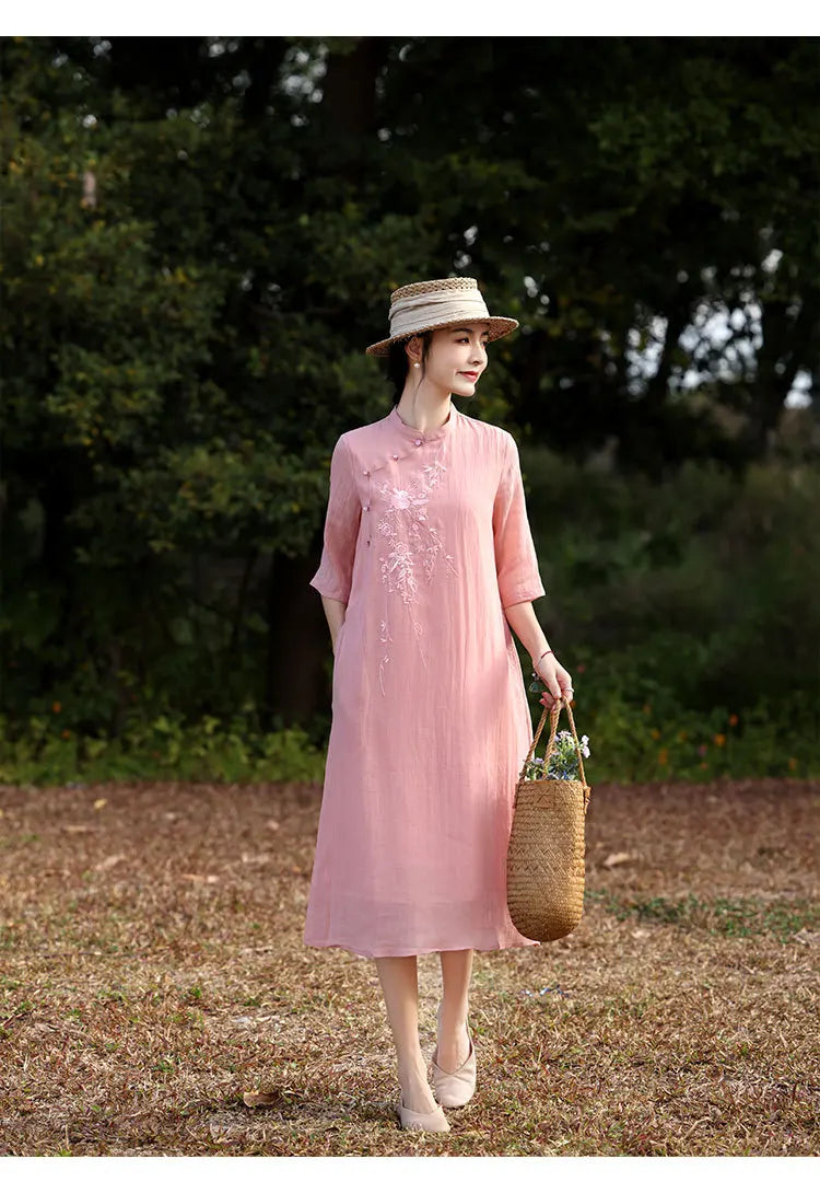 Elegant Floral Embroidered Ramie + Cheongsam Dress + for Women