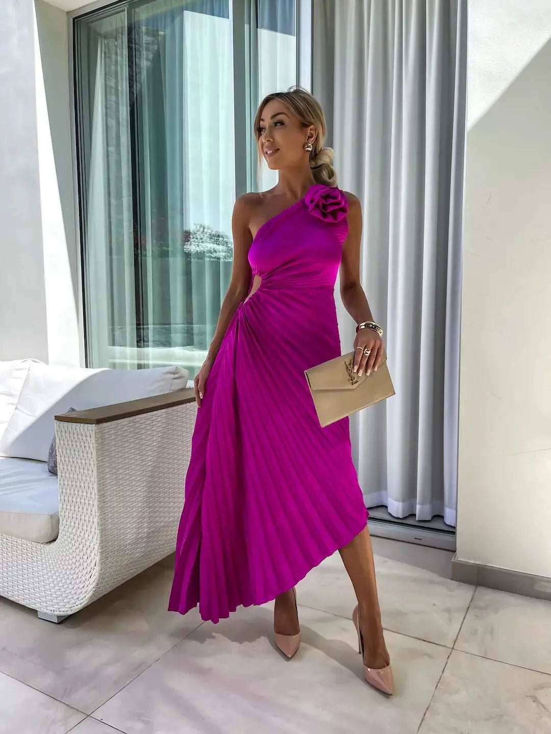 One Shoulder Flower Decor Pleated Elegant Dress for Women