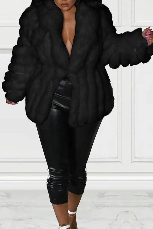 Plus Size Semi Formal Outwear Black Faux Fur Oversized Jacket Outwear With Cinch Waist