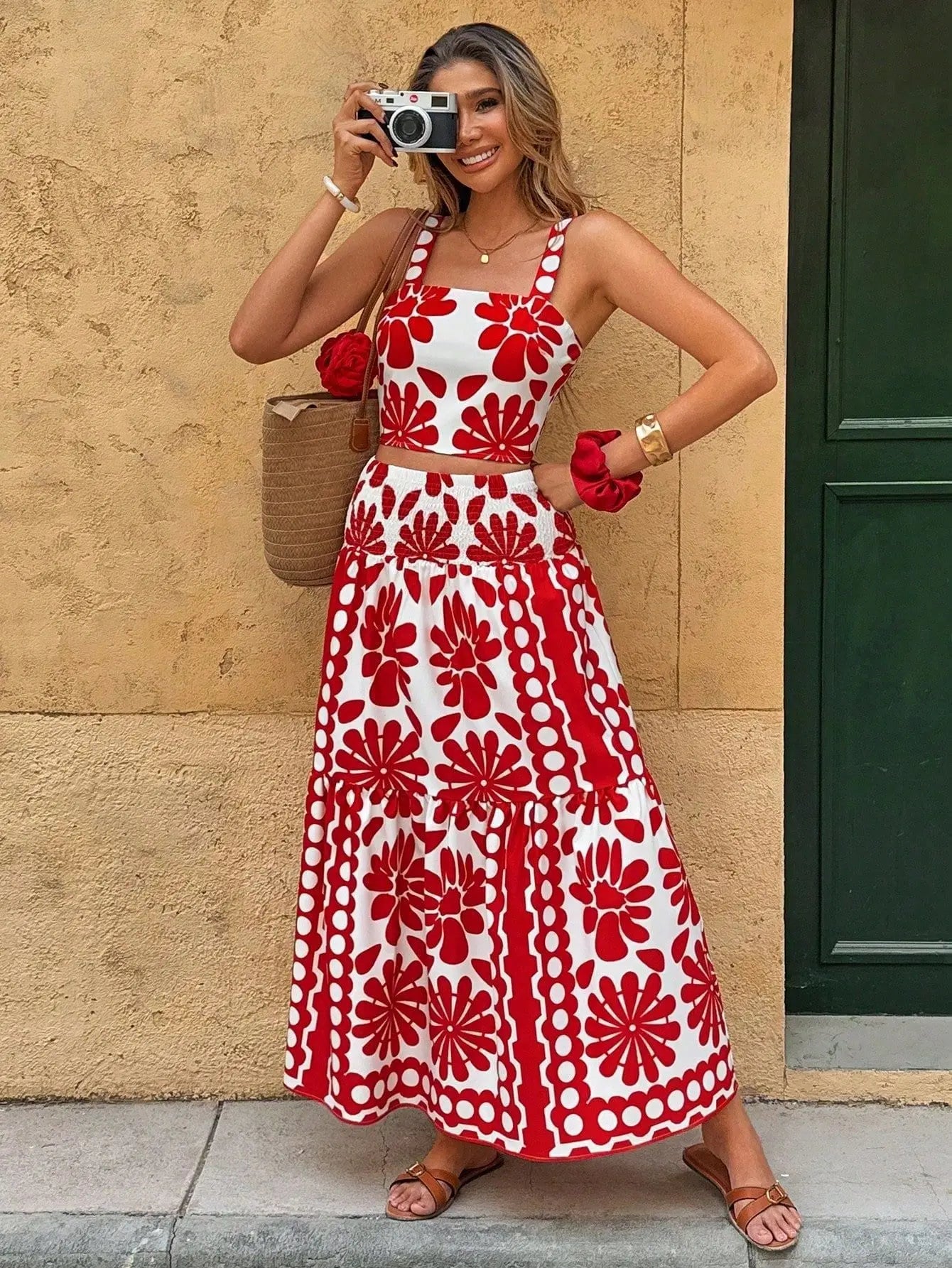 Boho Backless Vintage Print Cami Top And Maxi Skirt Set for Women