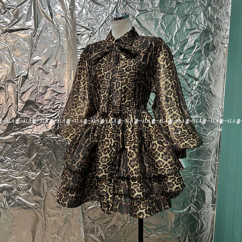 Spring Popular Retro Classic Leopard Pattern Single-Breasted Lantern Sleeve Shirt Layered Dress Puffy Cinched Short Dress Female