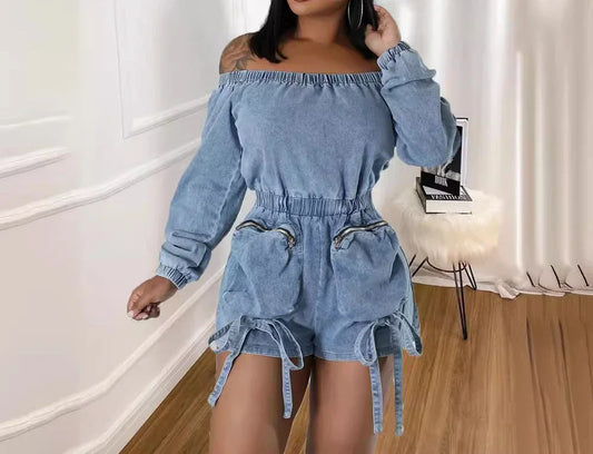 Denim Jumpsuit Womens Clothing Pocket Sexy  Chest Hugging Elastic Waist Long Sleeves Conjoined Body Shorts for Female Streetwear