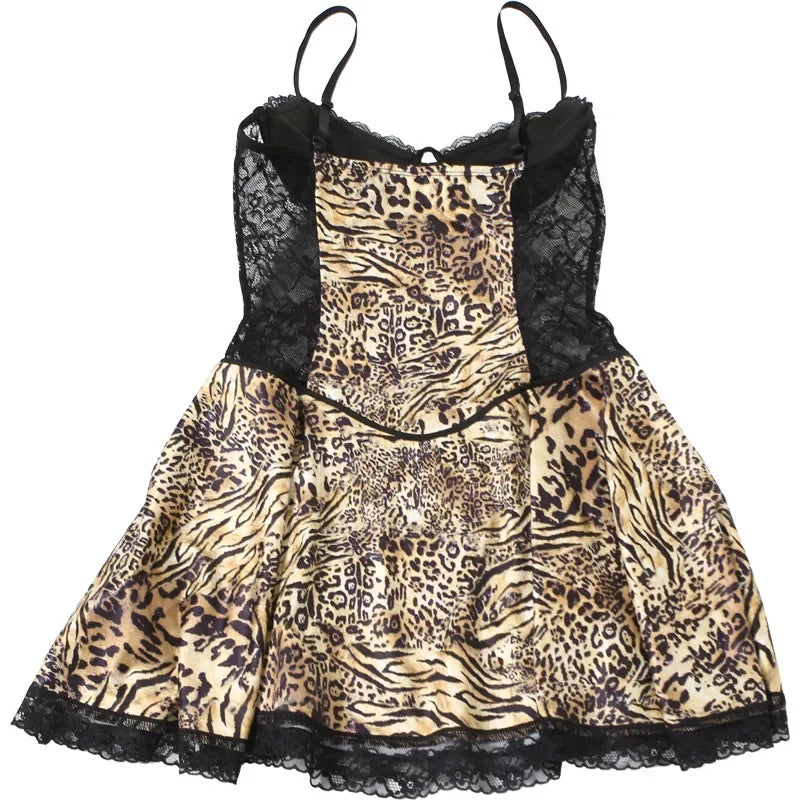 Sexy Skirt Women Product Backless Slim Fit Perspective Lace Leopard Print Patchwork Suspender Short Dresses 2025 Autumn Winter