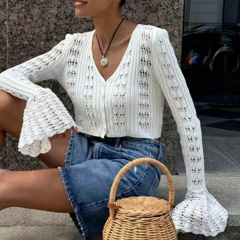 Autumn Knitted Cardigan Female Solid V-Neck Hollow Out Short Knitted Top Fashion Casual Loose Commuter Female T-Shirt