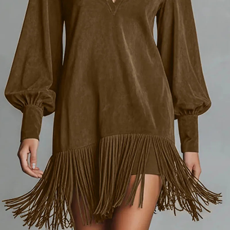 Spring Retro Solid Imitation Suede Tassel Dress Woman Sexy Lapel Hollow A-Line Mini Dress Autumn Long Sleeve Elegant Party Dress