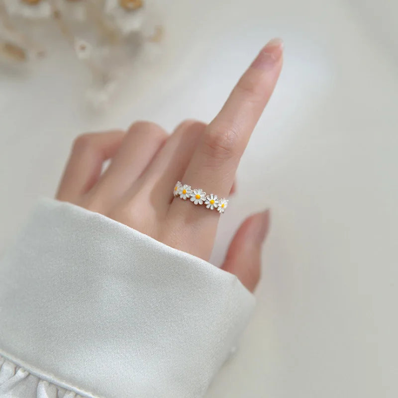 Enamel Daisy Adjustable Open Ring
