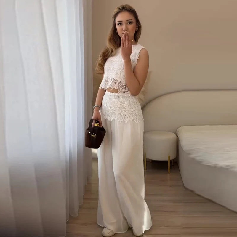 Elegant Crochet Vest And Wide Leg Pants Set for Women