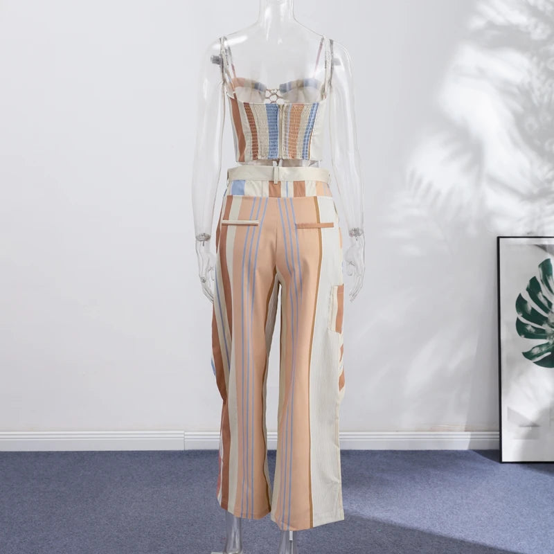 Striped Patchwork Vest and Asymmetric Trousers Set for Women